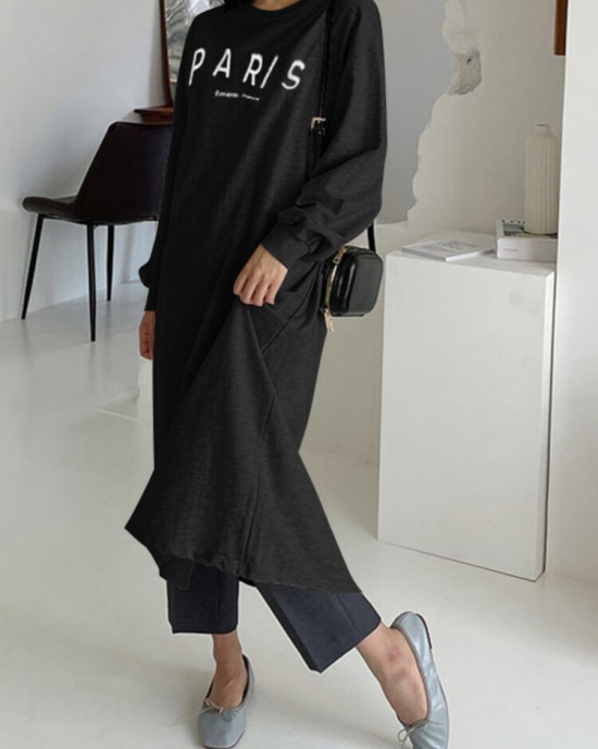 Women Sweatshirt Letter Printed Calf Length O  Neck Casual Midi Dresses