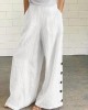 Women Cotton Solid Color Button Side Pocket Elastic Waist Wide Leg Pants