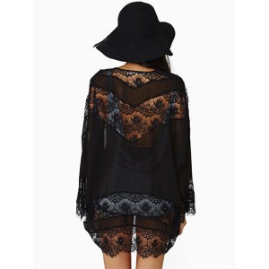 Women Hollow Lace Splicing Chiffon Kimono Cardigan Shawl