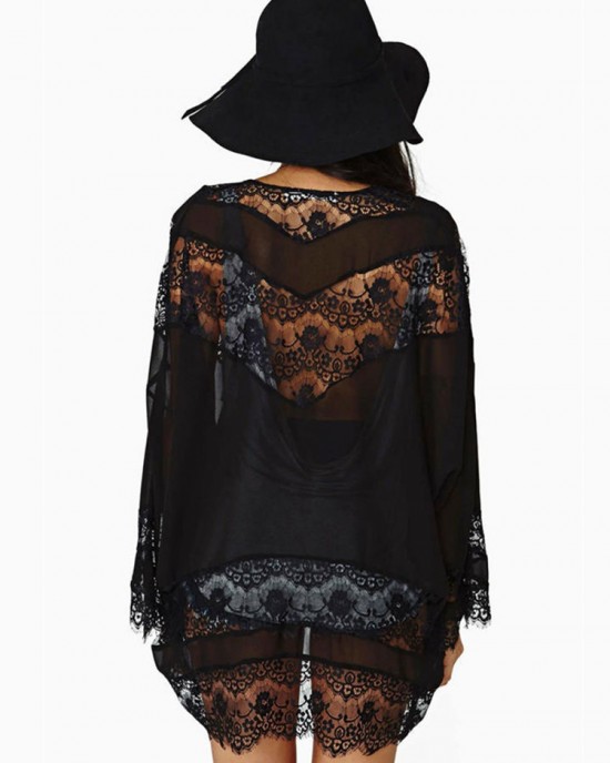 Women Hollow Lace Splicing Chiffon Kimono Cardigan Shawl