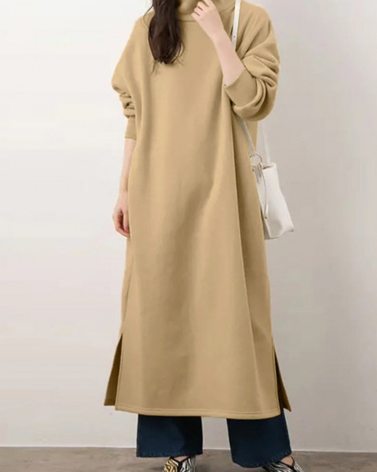 Women Sweatshirt Turtleneck Thick Side Pockets Side Fork Casual Midi Dresses