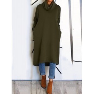 Women Turtleneck Pleated Spliced Solid Calf Length Loose Midi Dresses