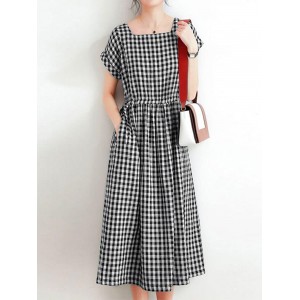 Women Squre Neck Plaid Calf Length Side Pockets Casual Midi Dresses