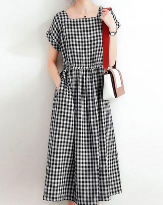 Women Squre Neck Plaid Calf Length Side Pockets Casual Midi Dresses