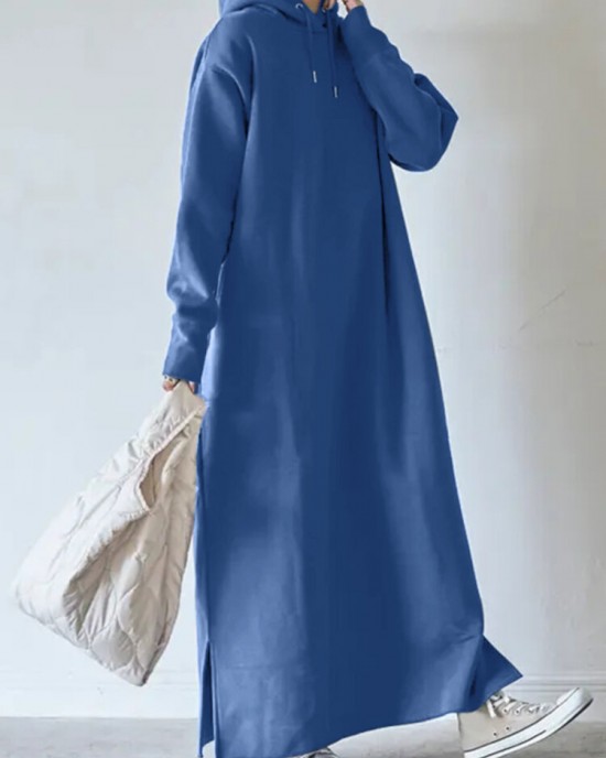 Women Thick Puff Sleeve Loose Sweatshirt Maxi Length Hooded Casual Midi Dresses