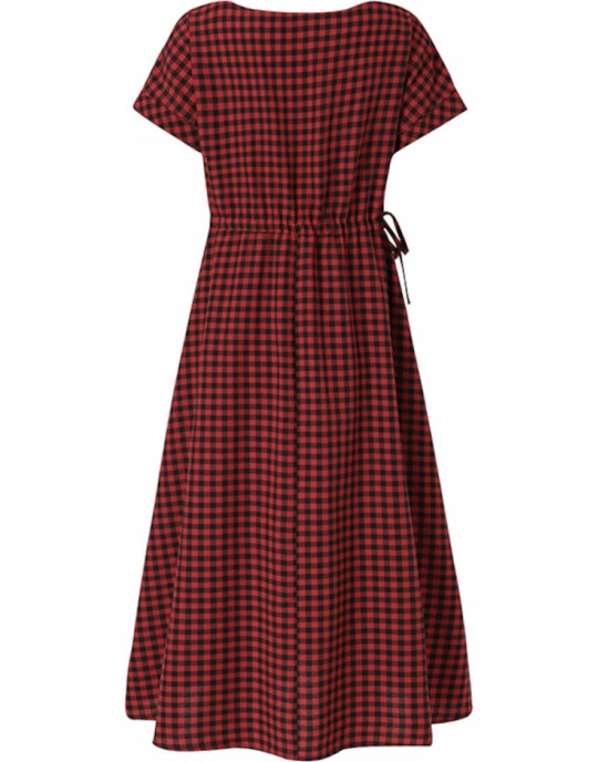 Women Squre Neck Plaid Calf Length Side Pockets Casual Midi Dresses