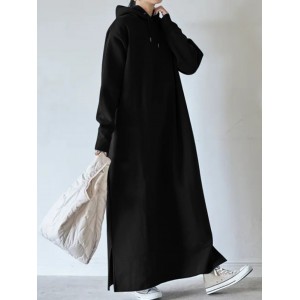 Women Thick Puff Sleeve Loose Sweatshirt Maxi Length Hooded Casual Midi Dresses