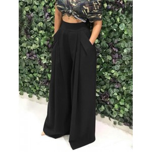 Women Pure Color High Elastic Waist Simple Wide Leg Pants With Pocket