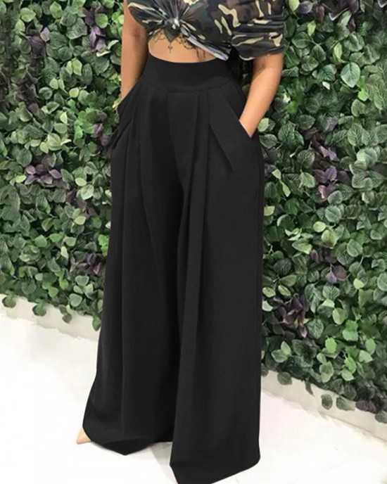 Women Pure Color High Elastic Waist Simple Wide Leg Pants With Pocket