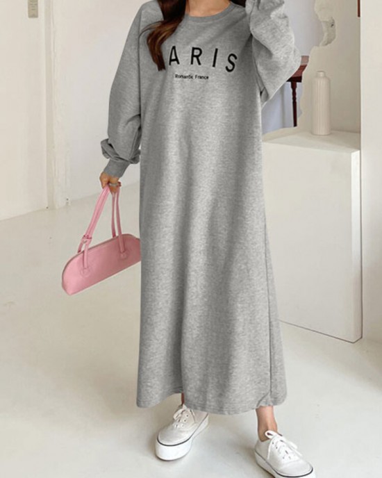 Women Sweatshirt Letter Printed Calf Length O  Neck Casual Midi Dresses