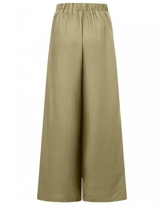 Women Pure Color High Elastic Waist Simple Wide Leg Pants With Pocket