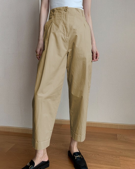 Women Solid Color Pleated Cotton Casual Cropped Pants With Pocket