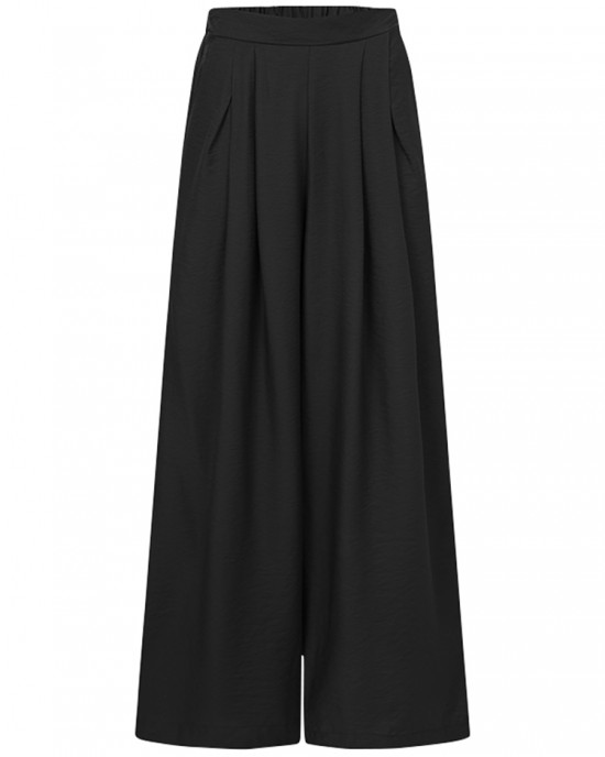 Women Pure Color High Elastic Waist Simple Wide Leg Pants With Pocket