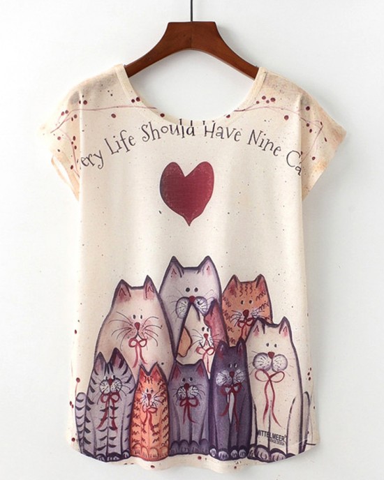 Casual Cartoon Cat Print Women Summer Short Sleeve T  shirts