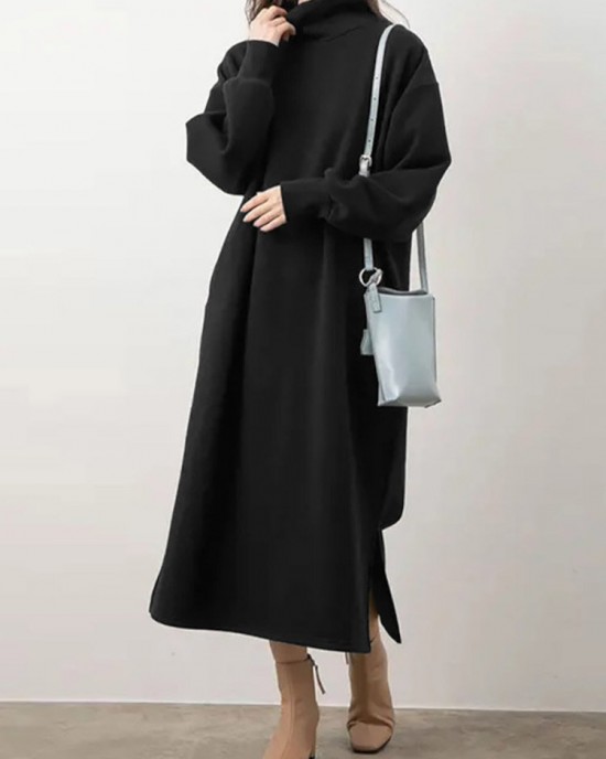 Women Sweatshirt Turtleneck Thick Side Pockets Side Fork Casual Midi Dresses