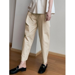 Women Solid Color Pleated Cotton Casual Cropped Pants With Pocket