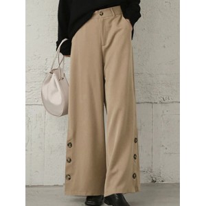 Women Pure Color Side Button Elastic Waist Casual Wide Leg Pants With Pocket