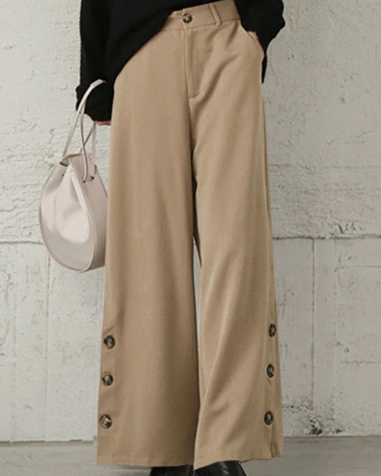 Women Pure Color Side Button Elastic Waist Casual Wide Leg Pants With Pocket