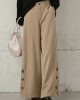 Women Pure Color Side Button Elastic Waist Casual Wide Leg Pants With Pocket