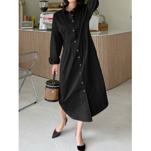 Women Shirt Collared Spliced Buttons Pleated Solid Casual Midi Dresses