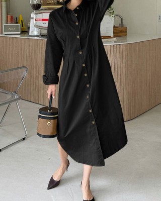 Women Shirt Collared Spliced Buttons Pleated Solid Casual Midi Dresses