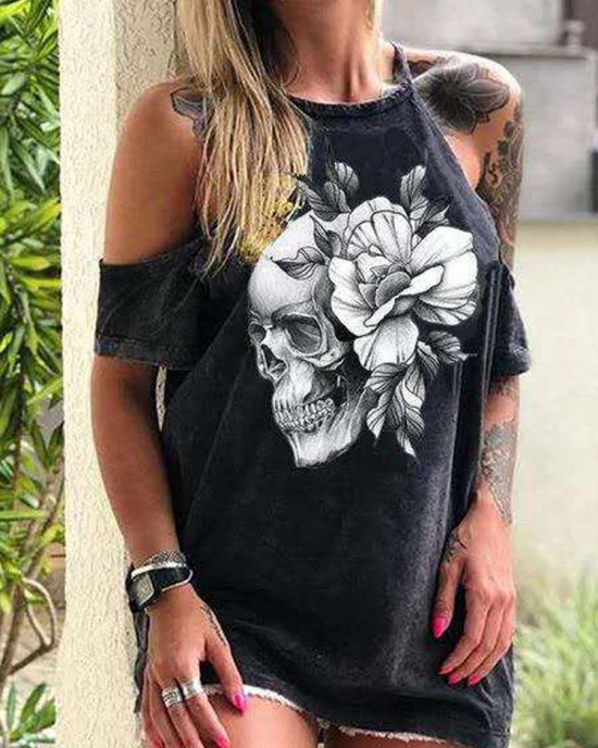 Designer Skeleton Floral Print Casual T  Shirts For Women