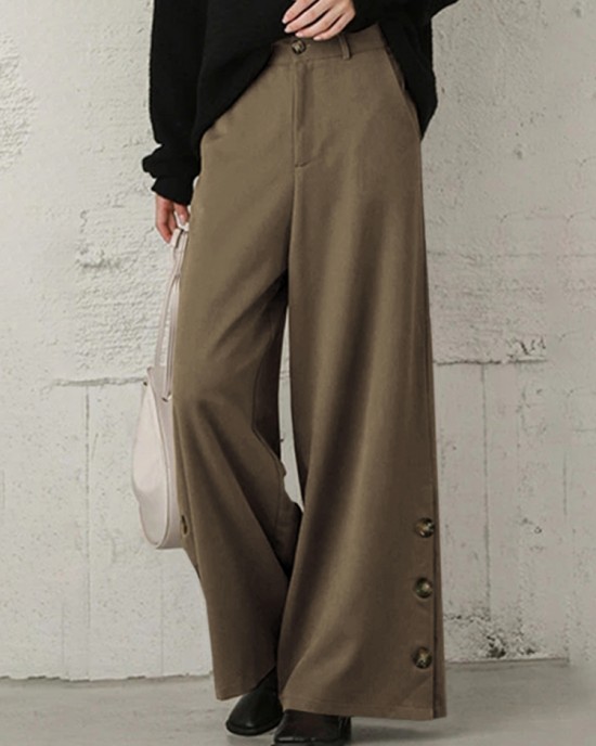 Women Pure Color Side Button Elastic Waist Casual Wide Leg Pants With Pocket