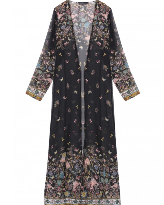 Retro Women Clothing Long Kimono Butterfly Print Cardigan