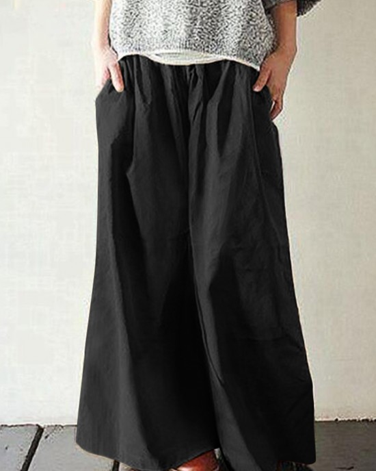 Women Cotton Pocket Elastic Waist Wide Leg Loose Casual Pants