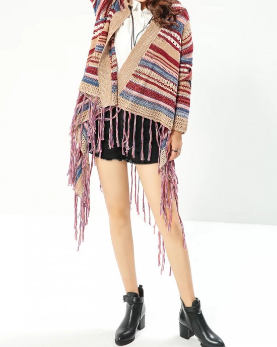 Ethnic Women Colorful Striped Long Sleeve Tassel Sweater Cardigan