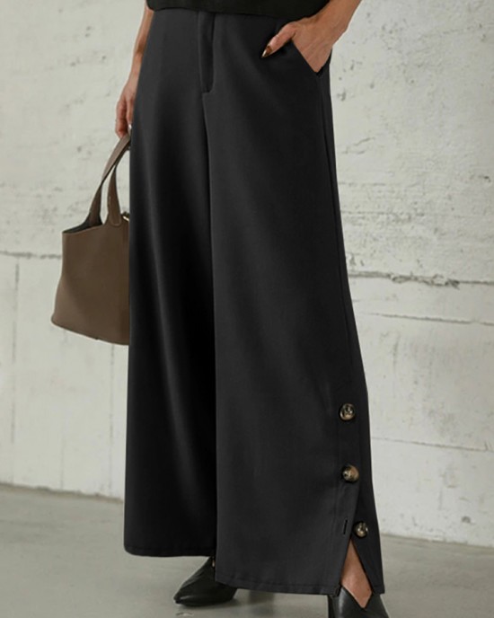 Women Pure Color Side Button Elastic Waist Casual Wide Leg Pants With Pocket