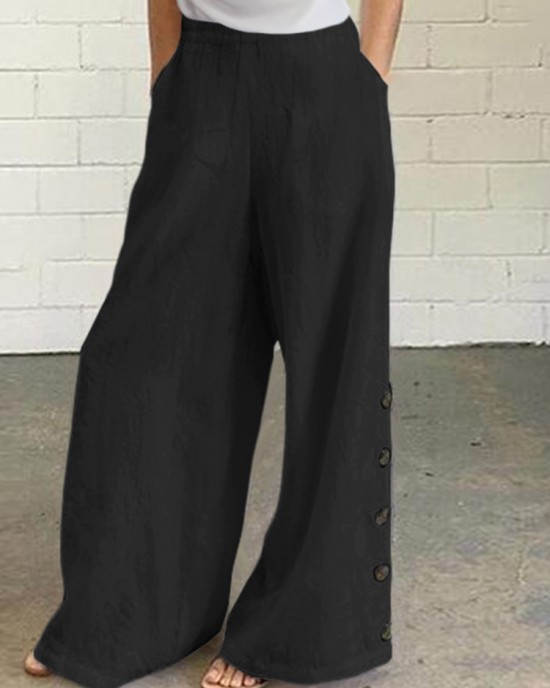 Women Cotton Solid Color Button Side Pocket Elastic Waist Wide Leg Pants