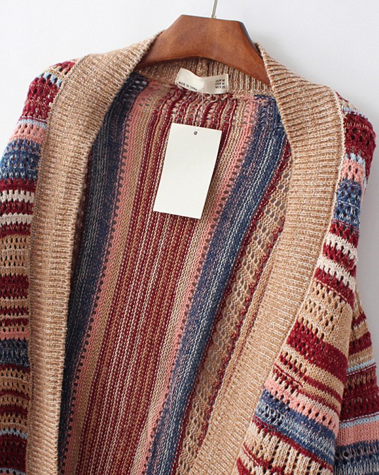 Ethnic Women Colorful Striped Long Sleeve Tassel Sweater Cardigan