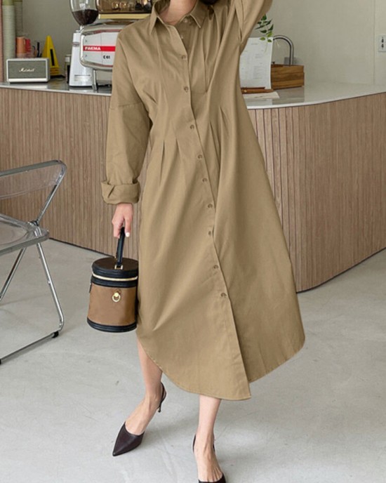 Women Shirt Collared Spliced Buttons Pleated Solid Casual Midi Dresses