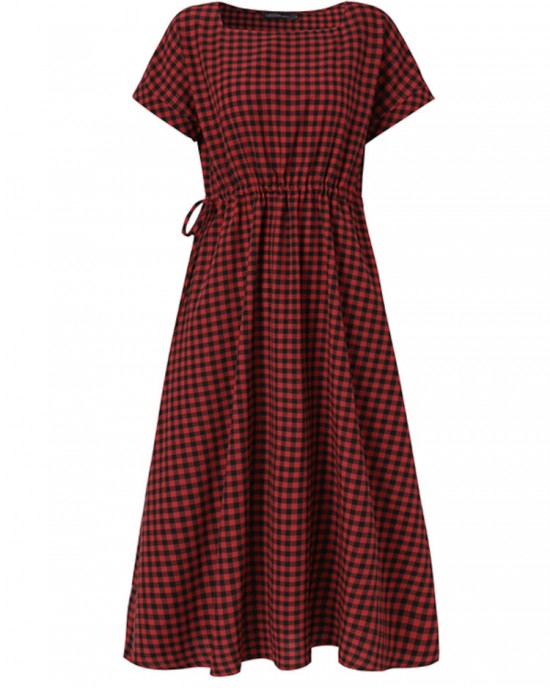 Women Squre Neck Plaid Calf Length Side Pockets Casual Midi Dresses