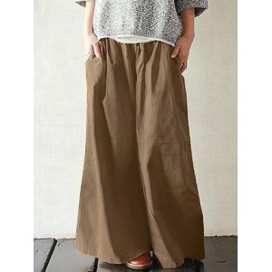 Women Cotton Pocket Elastic Waist Wide Leg Loose Casual Pants