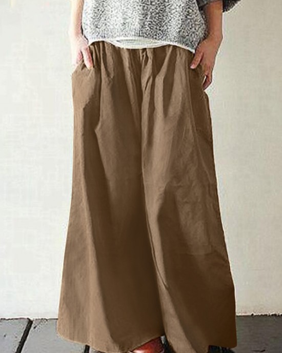 Women Cotton Pocket Elastic Waist Wide Leg Loose Casual Pants