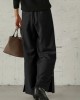 Women Pure Color Side Button Elastic Waist Casual Wide Leg Pants With Pocket