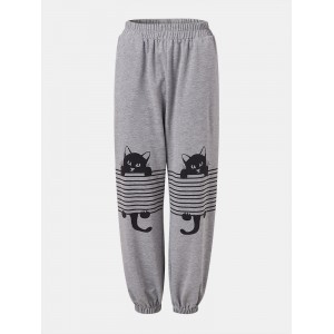 Women Stripe Cartoon Cat Print Elastic Waist Jogger Pants