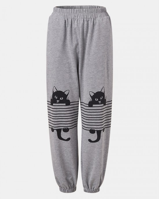 Women Stripe Cartoon Cat Print Elastic Waist Jogger Pants