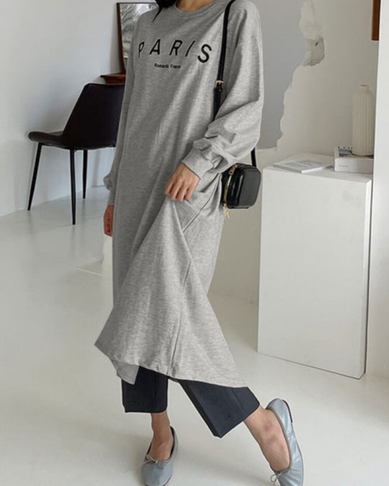 Women Sweatshirt Letter Printed Calf Length O  Neck Casual Midi Dresses