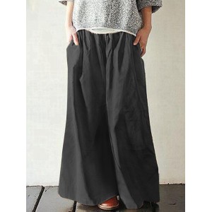 Women Cotton Pocket Elastic Waist Wide Leg Loose Casual Pants