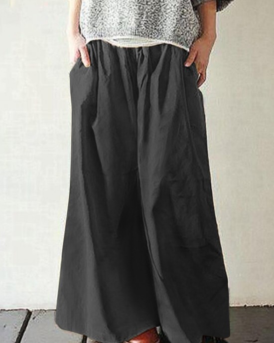 Women Cotton Pocket Elastic Waist Wide Leg Loose Casual Pants