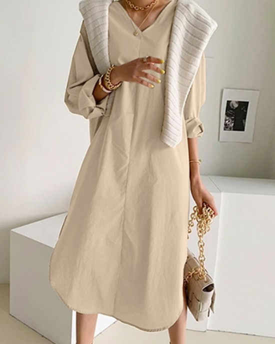 Women Side Pockets Side Fork V  Neck Solid Calf Length Midi Dresses