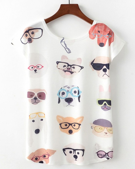 Dog Print Crew Neck Short Sleeved Loose Women Casual T  shirts