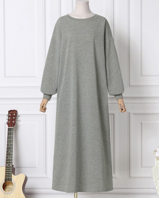 Women Sweatshirt Solid Side Pockets Maxi Length Casual Midi Dresses