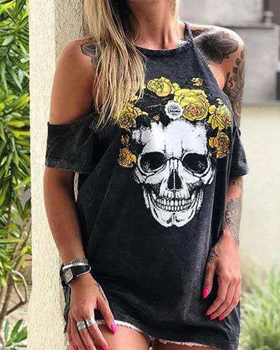 Designer Skeleton Floral Print Casual T  Shirts For Women