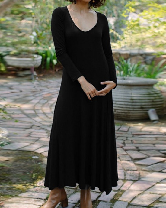 Women Solid Elastic V  Neck Maxi Length Street Casual Midi Dresses