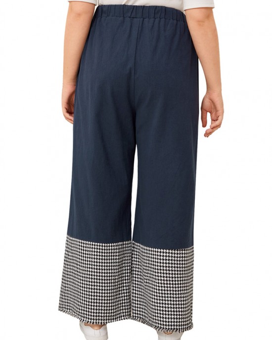 Women Houndstooth Patchwork Loose Casual Elastic Mid Waist Wide Leg Pants