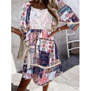 Bohemian Tribal Pattern Lace Stitch Tie Front Mni Dress